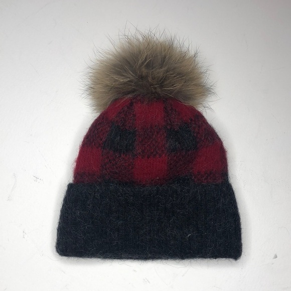 Freyja Wool Plaid Pom Pom Hat Red Grey - Picture 1 of 6